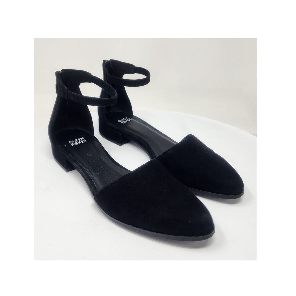 Eileen Fisher Hutton Suede Ankle Strap Flat Women 8 Soft Black Suede EF46029